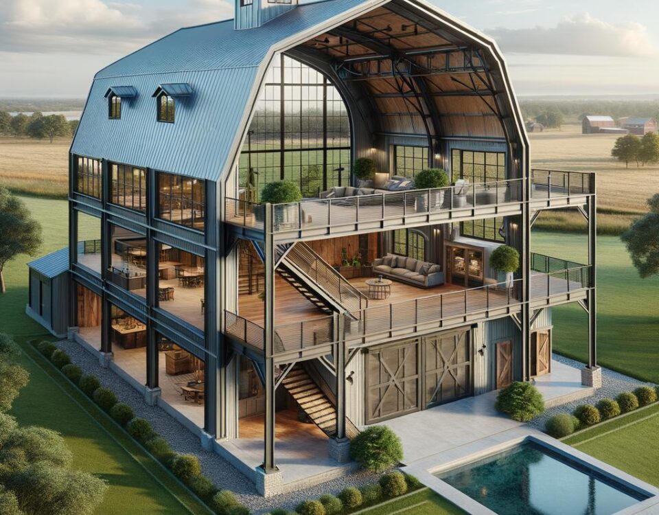 Custom engineered steel barndominium featuring modern design and durable construction for optimal living space.