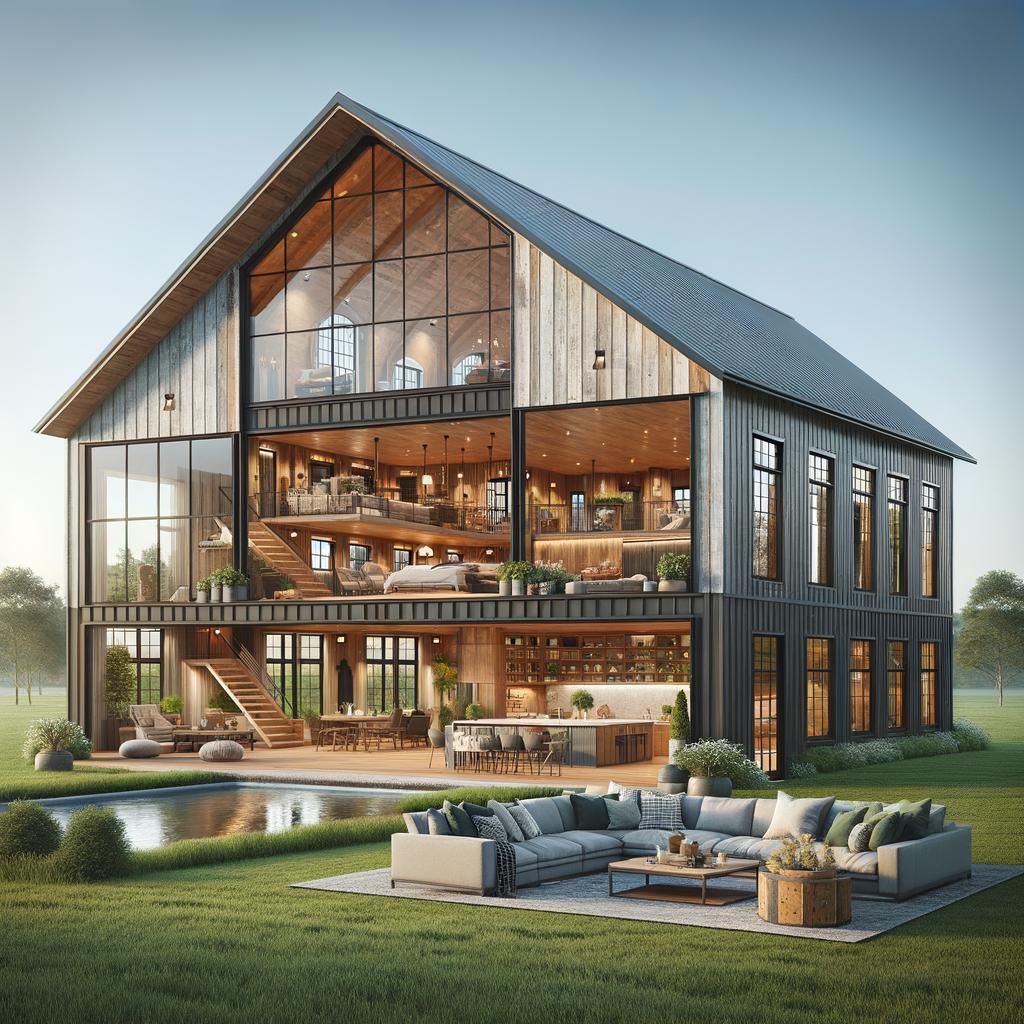 Exterior view of a customizable barndominium surrounded by nature, highlighting its unique architectural features