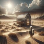 A striking desert climate barndominium surrounded by arid landscapes and blue skies.