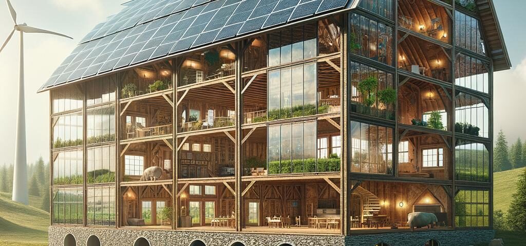 Modern energy efficient barndominium featuring solar panels and sustainable materials for eco-friendly living.