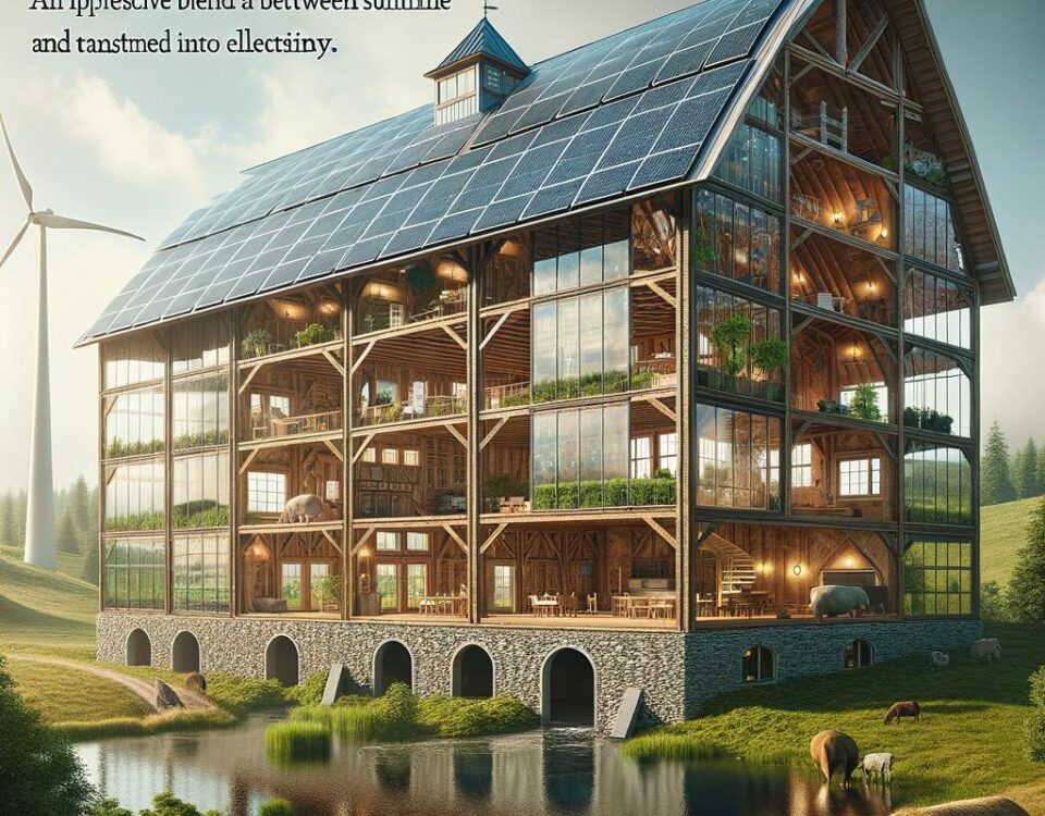 Modern energy efficient barndominium featuring solar panels and sustainable materials for eco-friendly living.