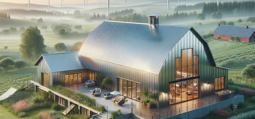 Modern energy efficient steel barndominium showcasing sustainable design and eco-friendly features in a picturesque rural setting.