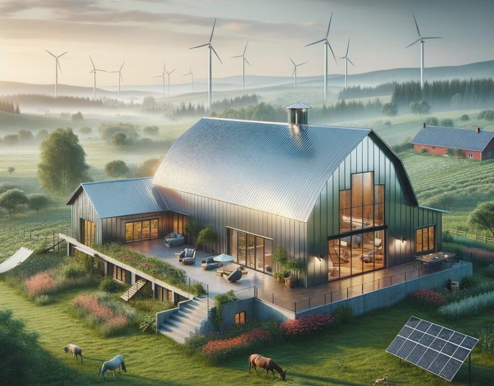 Modern energy efficient steel barndominium showcasing sustainable design and eco-friendly features in a picturesque rural setting.