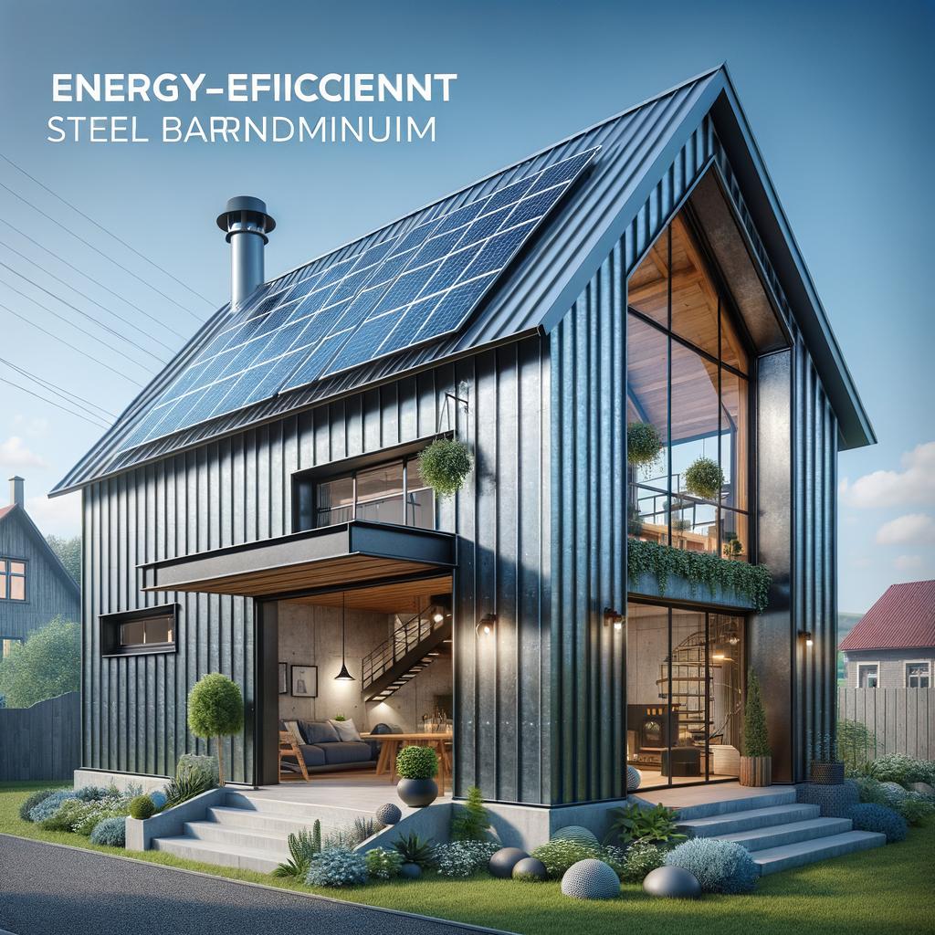 Spacious energy efficient steel barndominium with solar panels, surrounded by lush greenery and open land