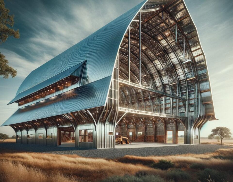 Modern fire resistant steel barndominium designed for safety and durability in all weather conditions.