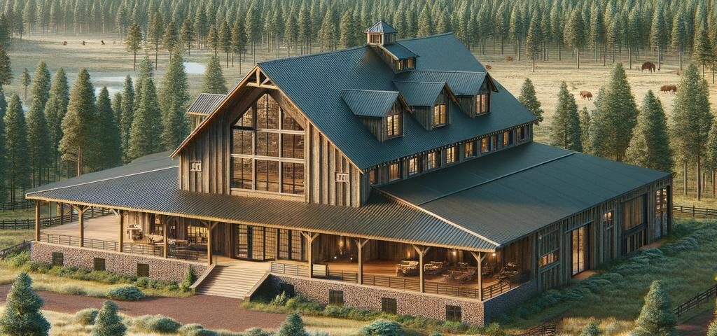 Exterior view of a FLAGSTAFF BARNDOMINIUM showcasing its modern design against a scenic backdrop.