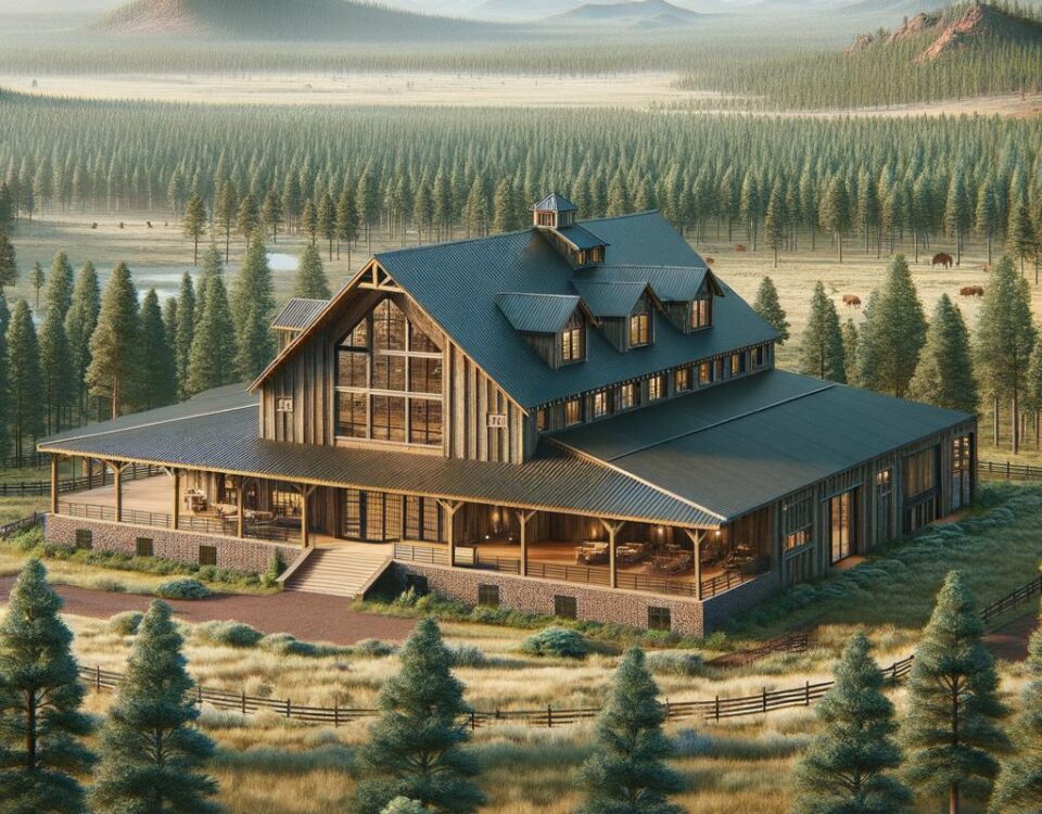 Exterior view of a FLAGSTAFF BARNDOMINIUM showcasing its modern design against a scenic backdrop.