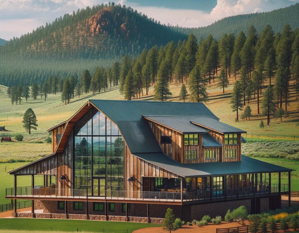 Flagstaff steel barndominium showcasing modern design and rustic charm in a stunning mountain setting.