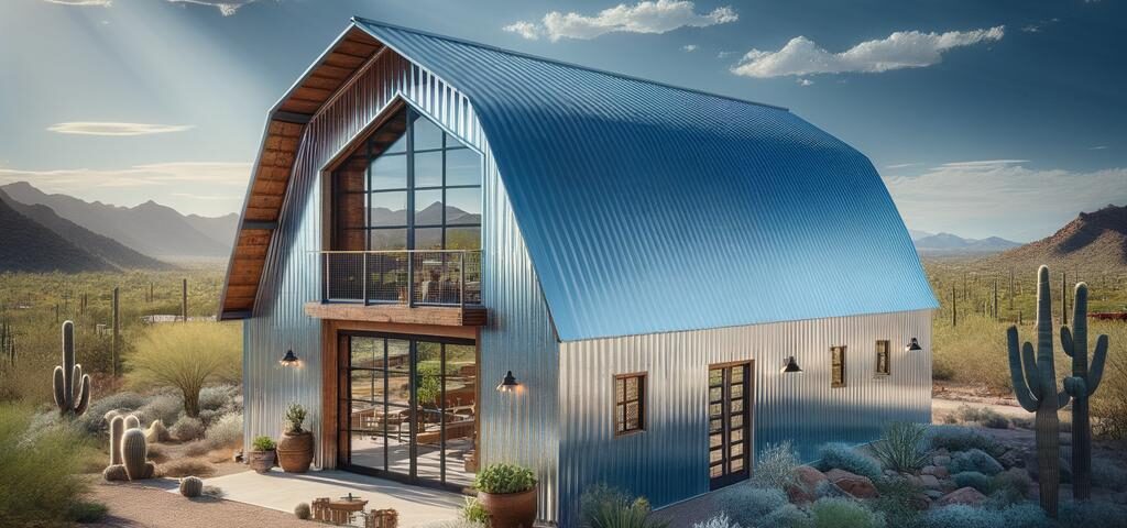 A beautiful galvanized steel barndominium in Arizona, showcasing modern design and rustic charm.