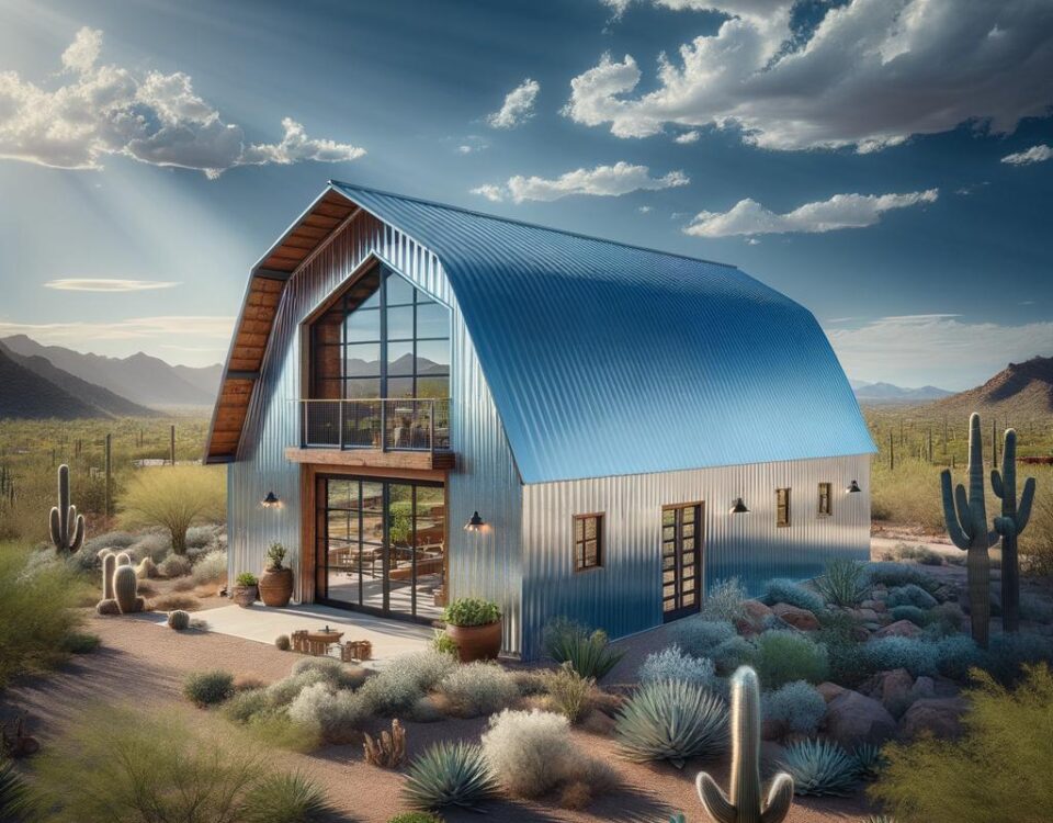 A beautiful galvanized steel barndominium in Arizona, showcasing modern design and rustic charm.