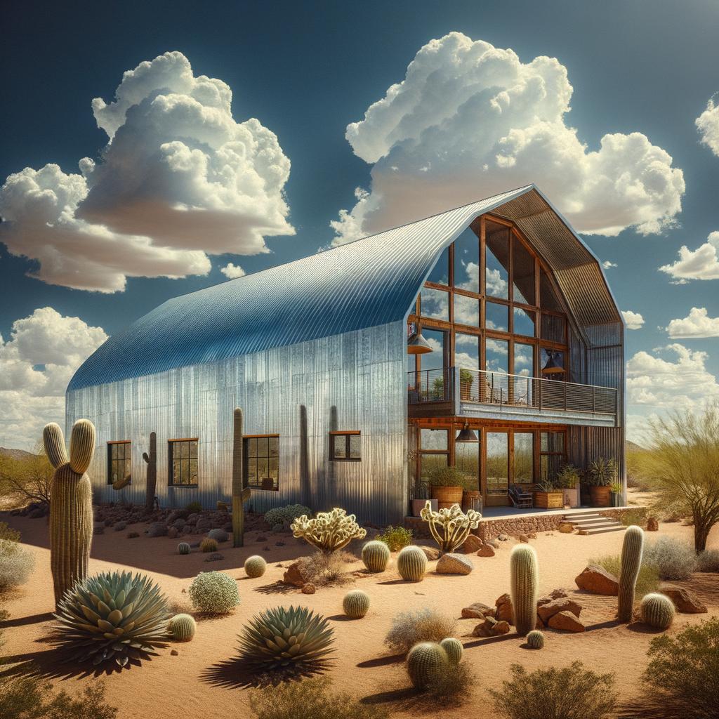 Spacious galvanized steel barndominium in Arizona, featuring stunning architecture and integrated outdoor living spaces