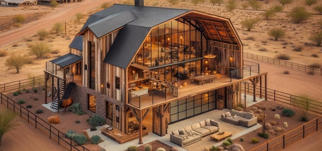 A stunning Maricopa County barndominium showcasing modern design and rustic elements in a picturesque landscape.