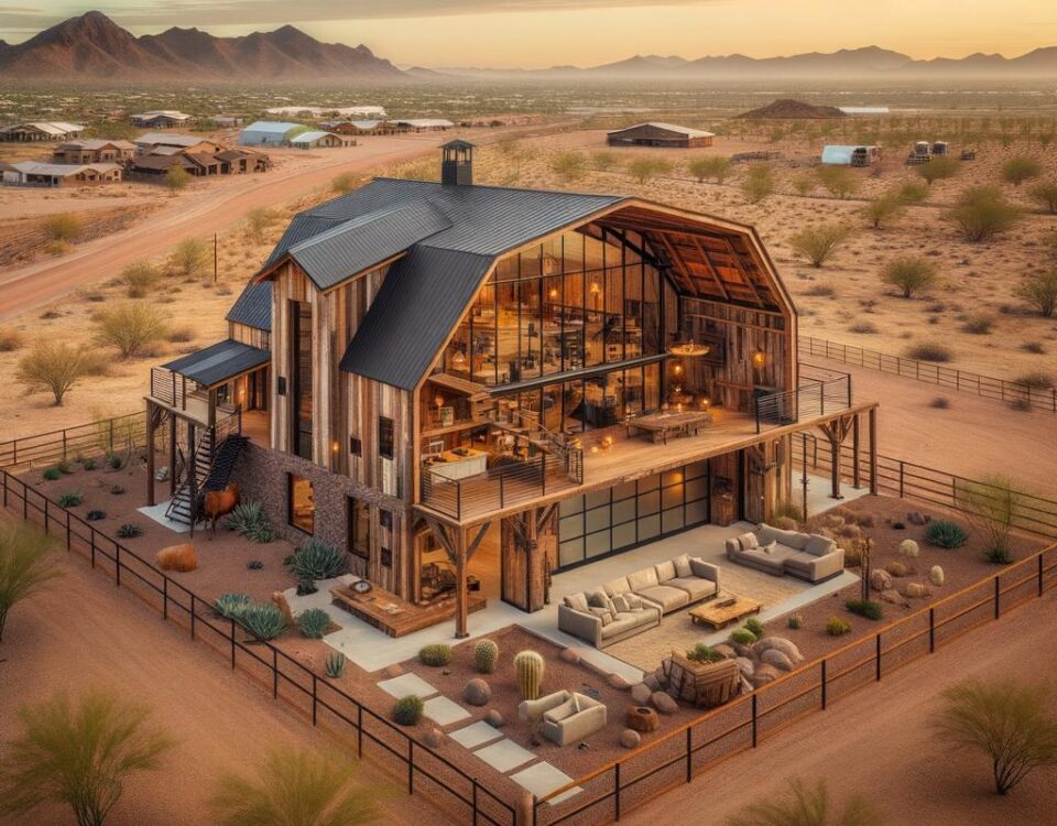 A stunning Maricopa County barndominium showcasing modern design and rustic elements in a picturesque landscape.