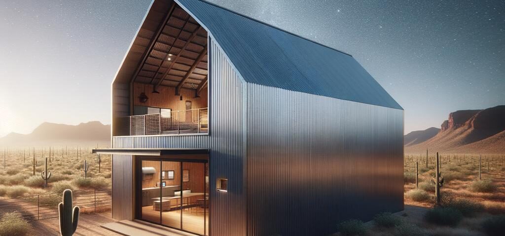 Modern metal barndominium in Arizona surrounded by stunning desert landscape and blue skies.