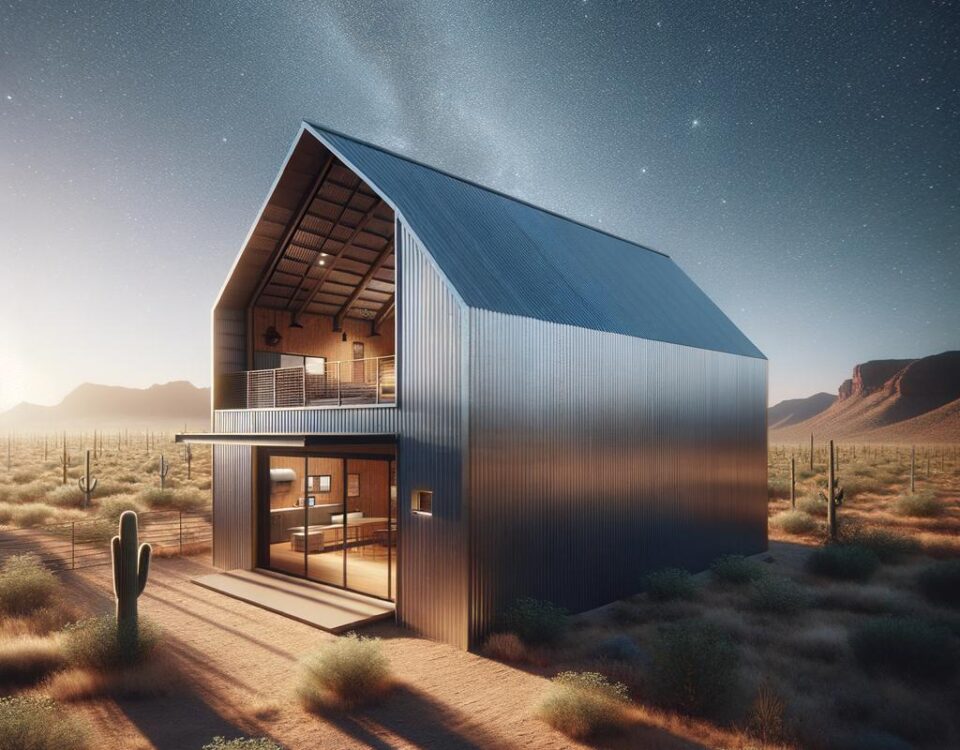 Modern metal barndominium in Arizona surrounded by stunning desert landscape and blue skies.