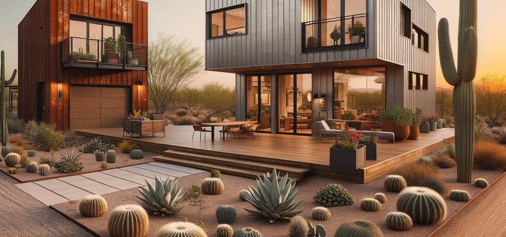 Modern metal building homes Arizona featuring sleek designs and energy-efficient features in a desert landscape.