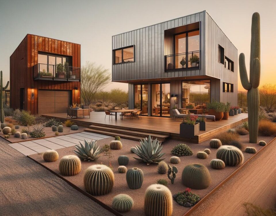 Modern metal building homes Arizona featuring sleek designs and energy-efficient features in a desert landscape.