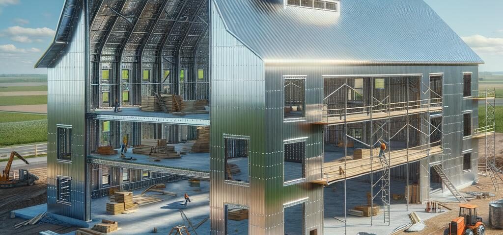 A spacious metal construction barndominium with a modern design and large windows for natural light.