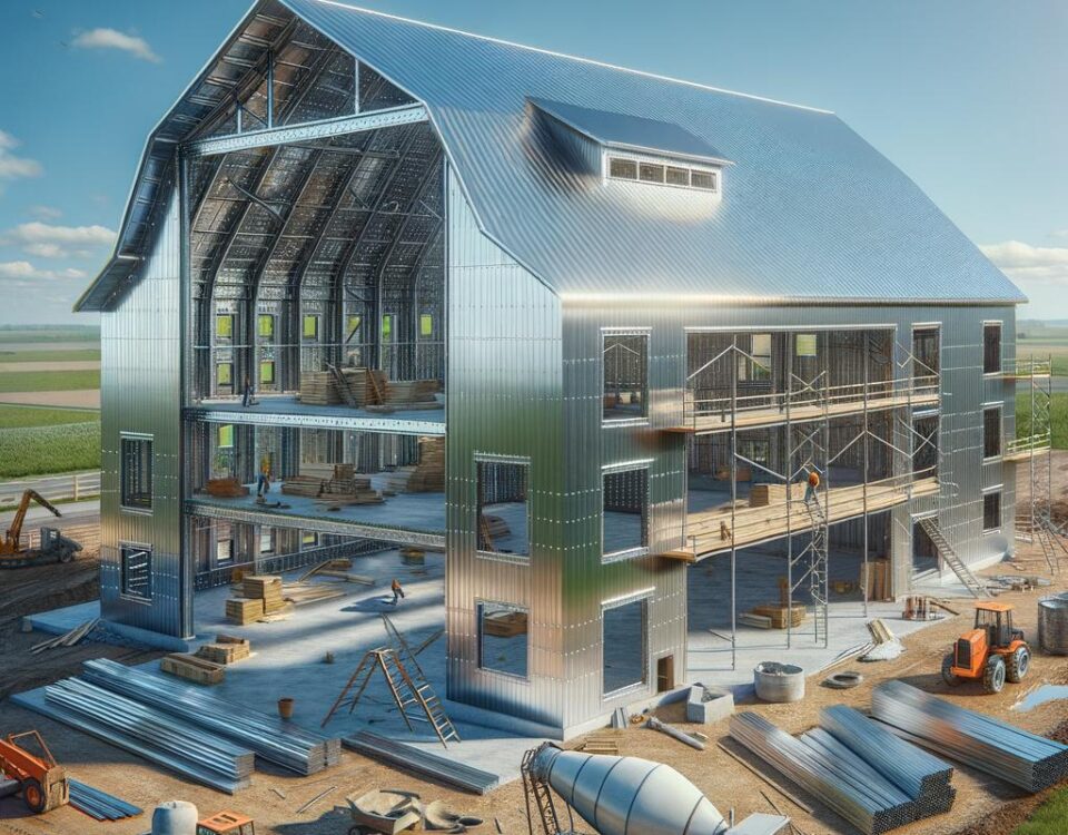 A spacious metal construction barndominium with a modern design and large windows for natural light.