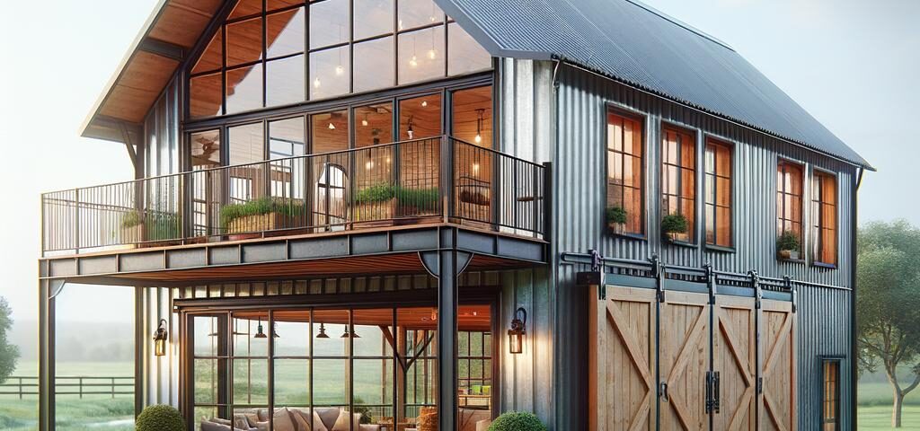 Stylish metal frame barndominium showcasing modern design and spacious living areas.