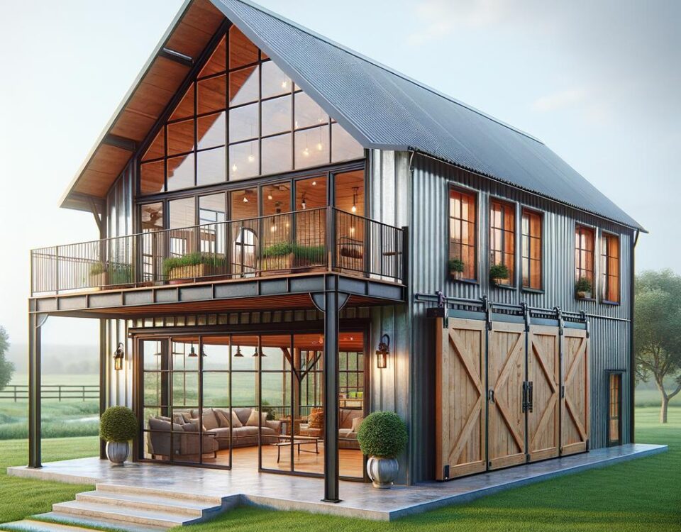 Stylish metal frame barndominium showcasing modern design and spacious living areas.