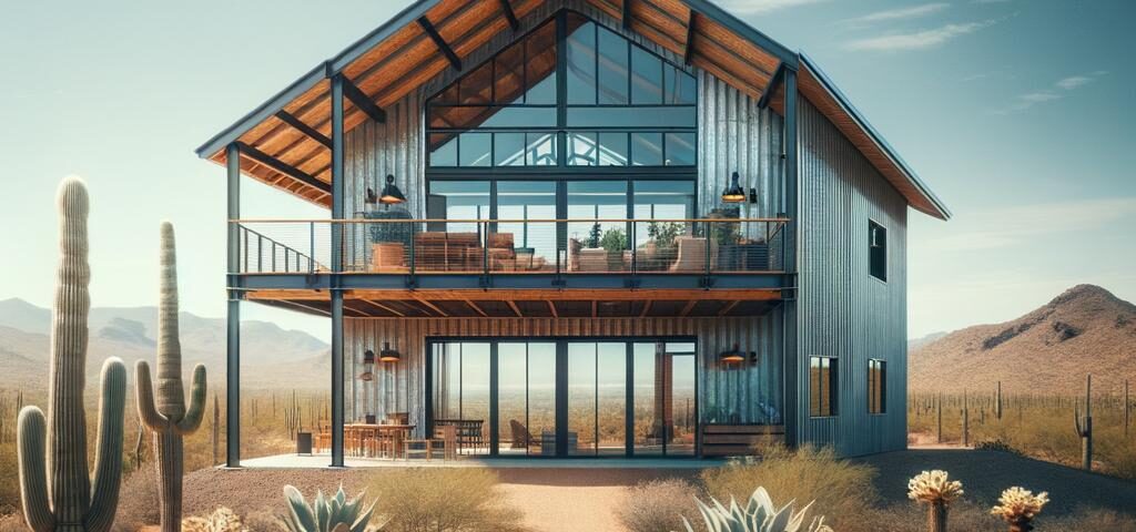 Modern steel barndominium in Arizona showcasing sleek design and innovative architecture against a desert backdrop.