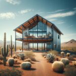 Modern steel barndominium in Arizona showcasing sleek design and innovative architecture against a desert backdrop.