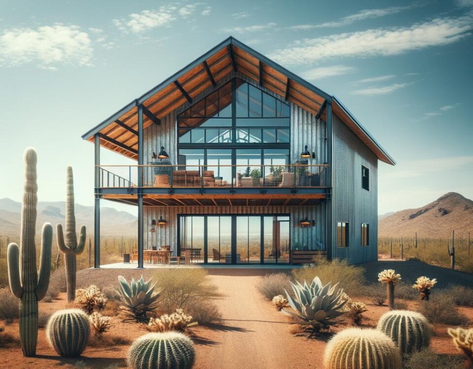 Modern steel barndominium in Arizona showcasing sleek design and innovative architecture against a desert backdrop.