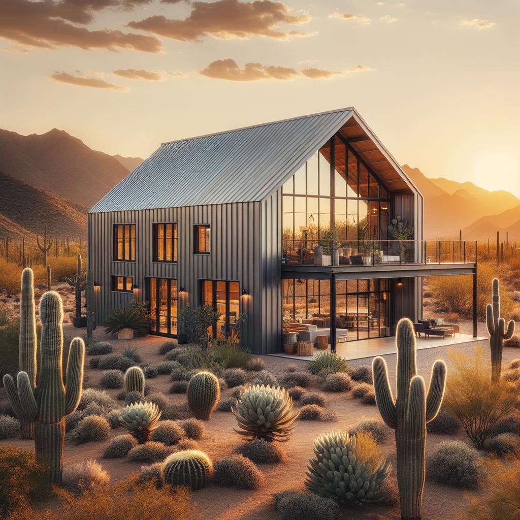 Exterior view of a modern steel barndominium in Arizona featuring contemporary styling and sustainable materials