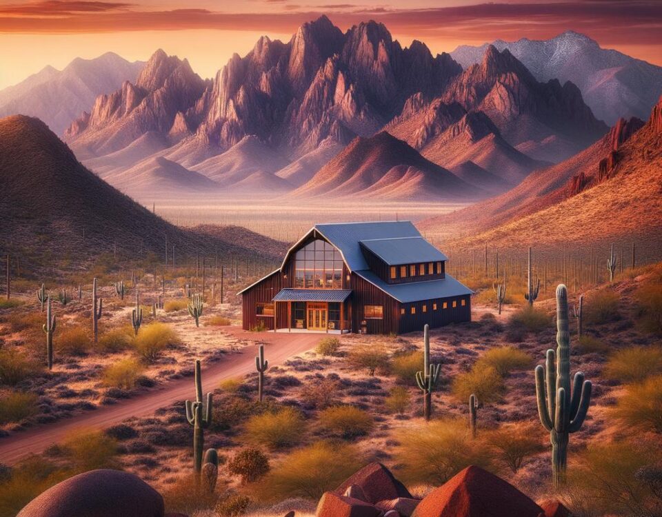 A stunning mountain barndominium in Arizona with expansive views of the surrounding landscape.