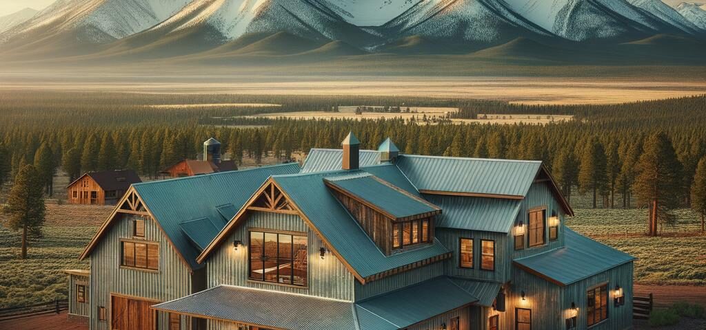 Exterior view of a stunning Mountain Barndominium in Flagstaff, surrounded by lush landscapes and towering mountains.