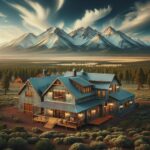 Exterior view of a stunning Mountain Barndominium in Flagstaff, surrounded by lush landscapes and towering mountains.