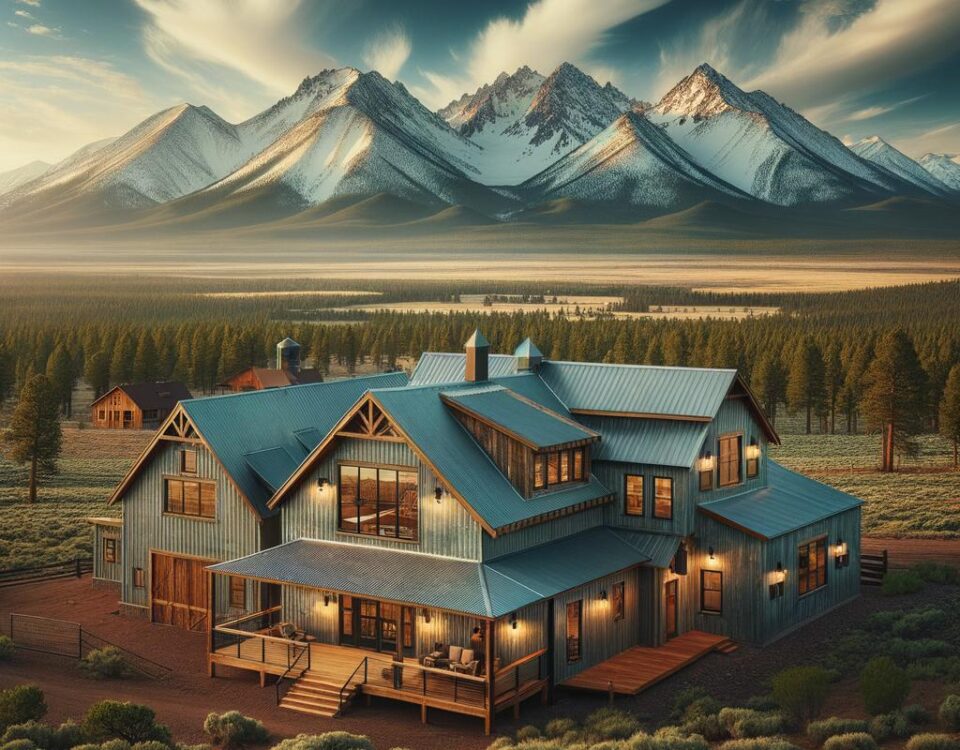 Exterior view of a stunning Mountain Barndominium in Flagstaff, surrounded by lush landscapes and towering mountains.