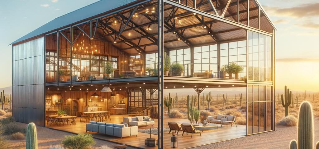 Modern open concept barndominium in Arizona showcasing spacious living areas and rustic charm.