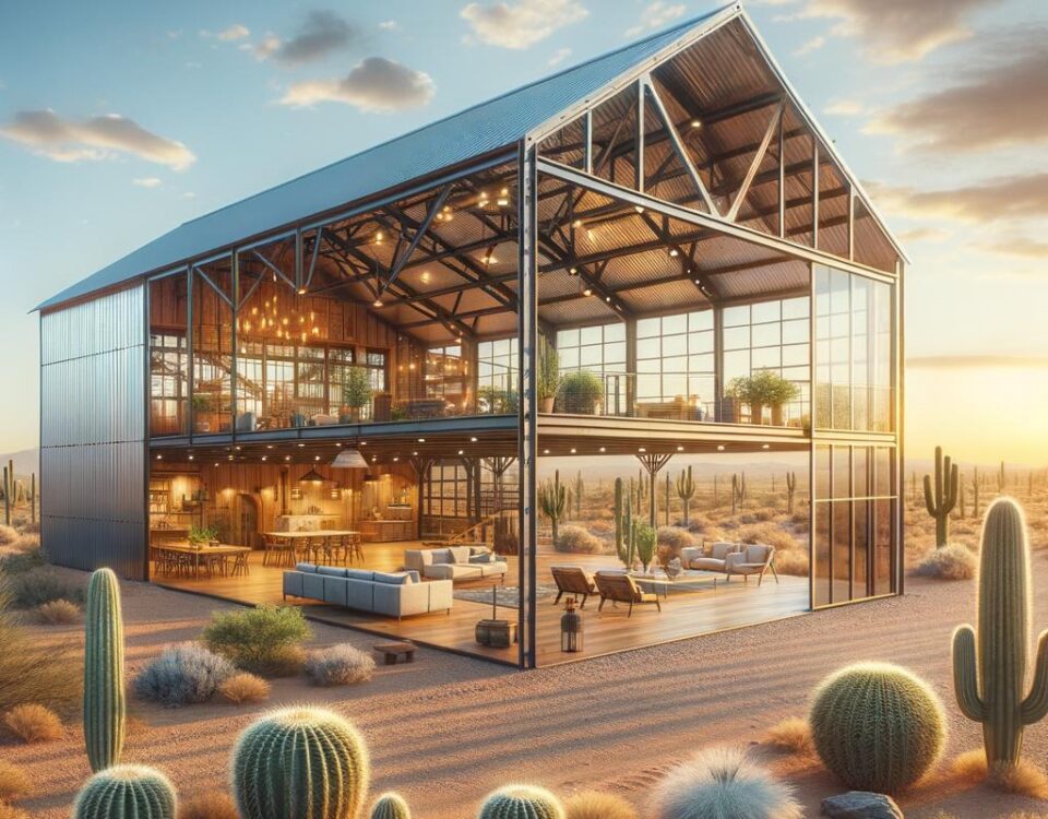 Modern open concept barndominium in Arizona showcasing spacious living areas and rustic charm.