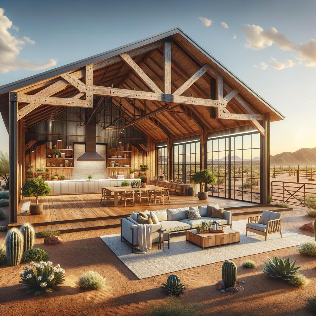 Stylish open concept barndominium Arizona featuring large windows and natural lighting throughout the design
