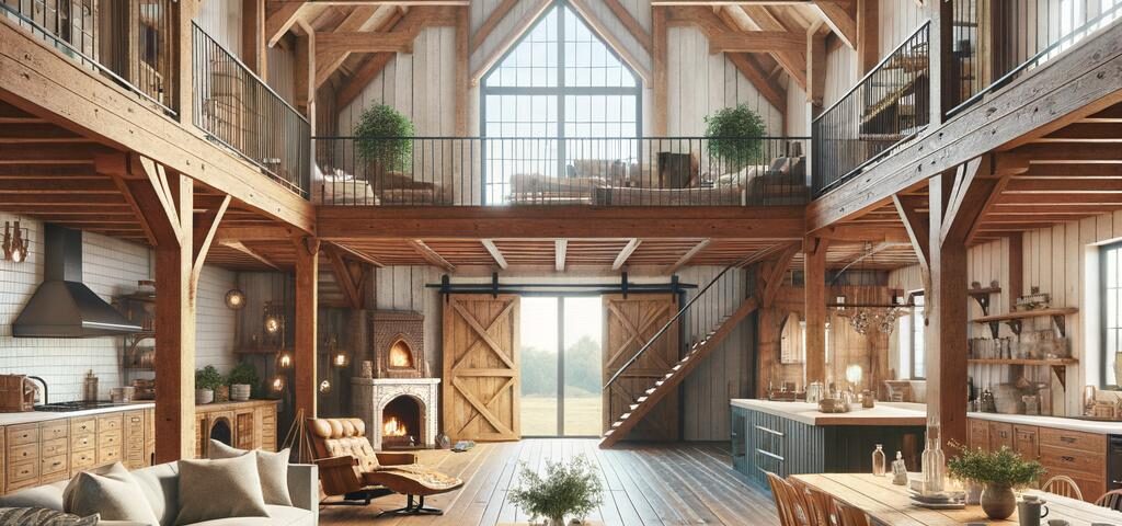 A spacious open living barndominium with modern decor and large windows for natural light.