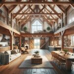 A spacious open living barndominium with modern decor and large windows for natural light.