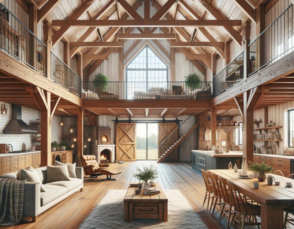 A spacious open living barndominium with modern decor and large windows for natural light.