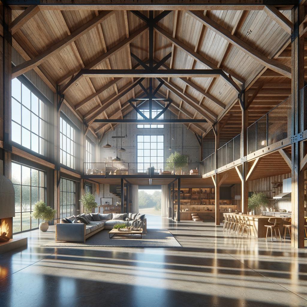 Cozy open living barndominium featuring rustic design elements and an inviting atmosphere for gatherings