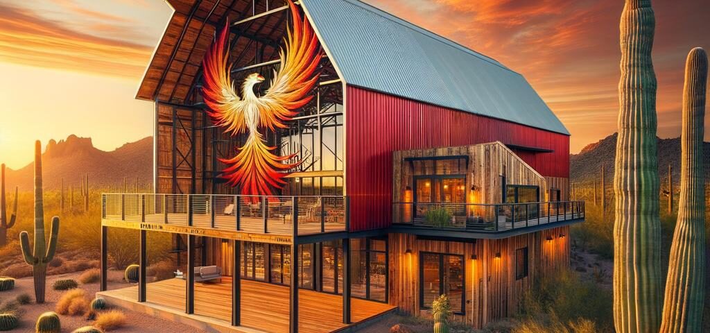A modern phoenix barndominium showcasing rustic charm and contemporary design elements.