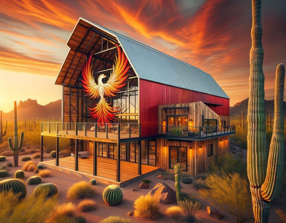 A modern phoenix barndominium showcasing rustic charm and contemporary design elements.