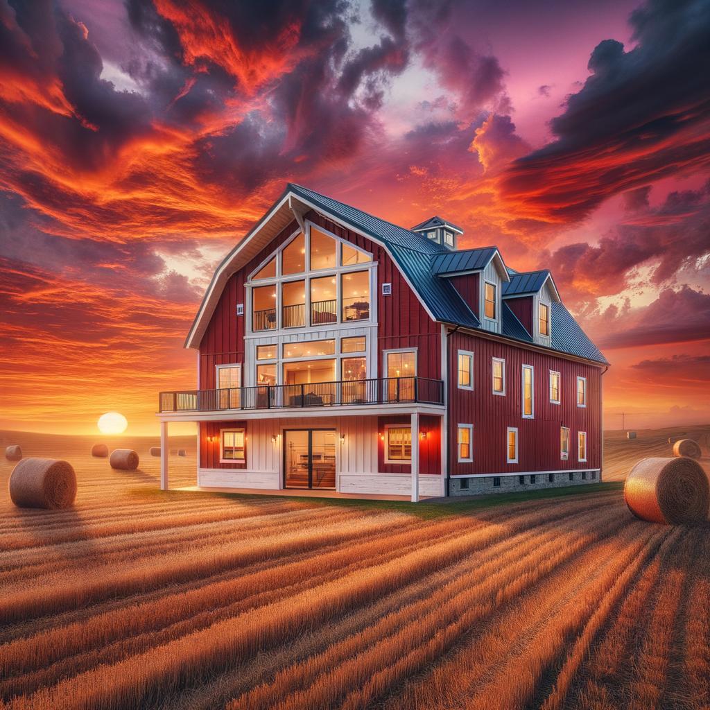 Exterior view of a stunning phoenix barndominium surrounded by vibrant landscaping