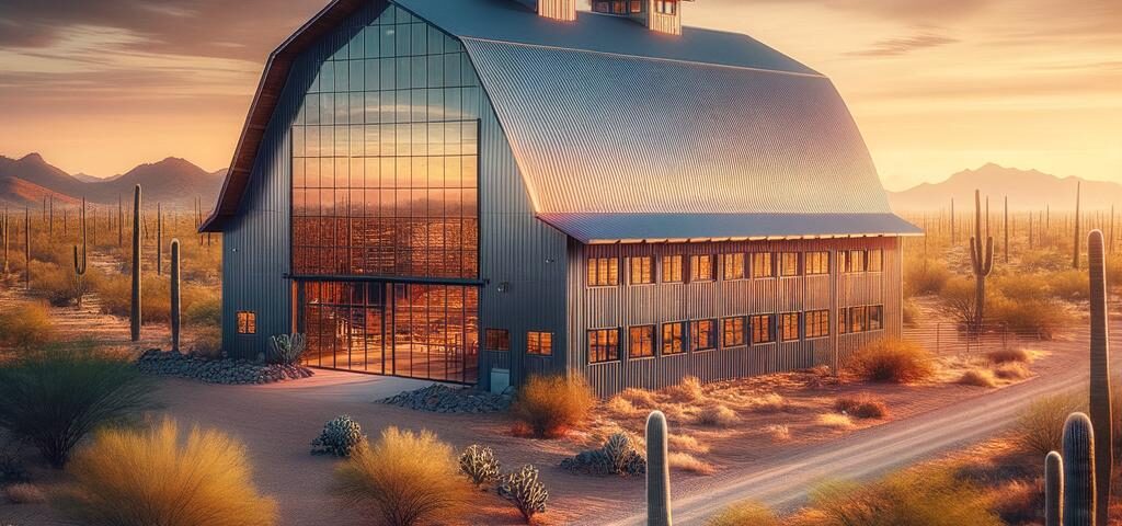 Exterior view of a Phoenix Steel Barndominium showcasing modern design and durable construction.