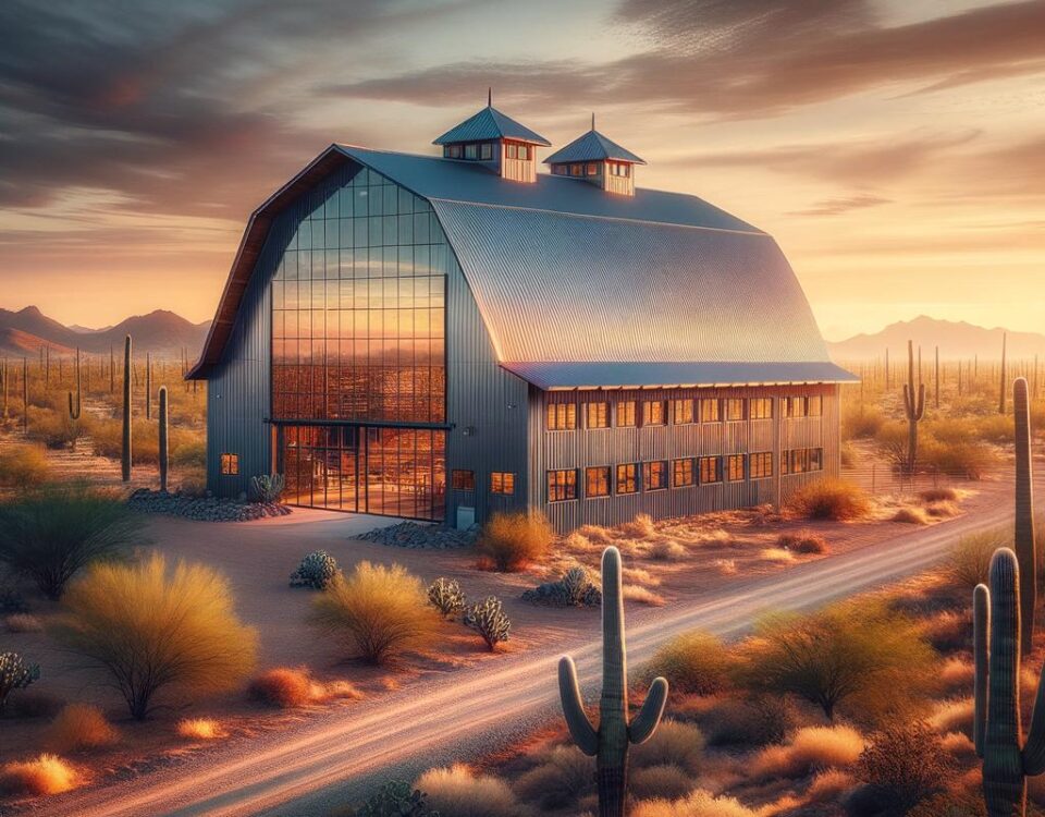 Exterior view of a Phoenix Steel Barndominium showcasing modern design and durable construction.
