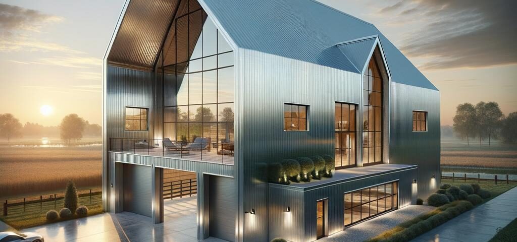 A modern prefab steel barndominium showcasing sleek design and functional living space in a rural setting.