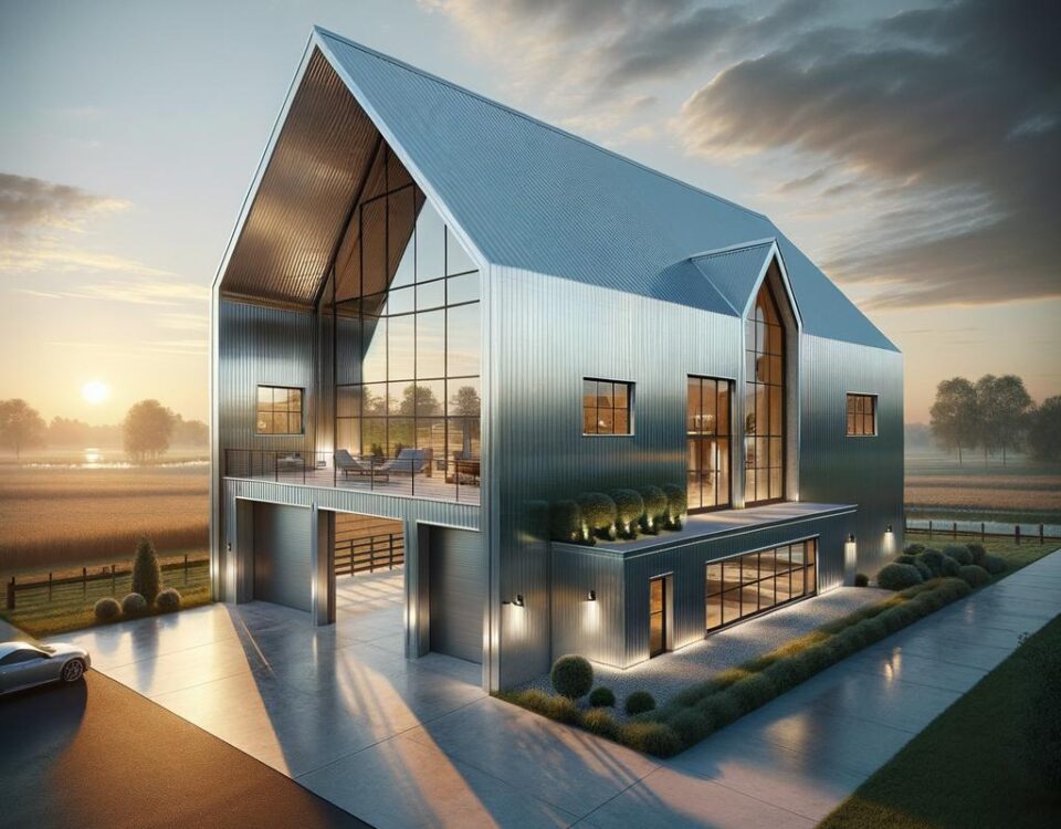 A modern prefab steel barndominium showcasing sleek design and functional living space in a rural setting.