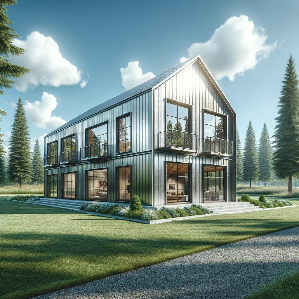 Exterior view of a stylish prefab steel barndominium surrounded by picturesque farmland and blue skies