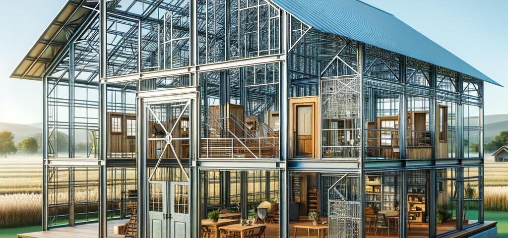 A modern prefabricated steel barndominium showcasing sleek design and spacious living areas.