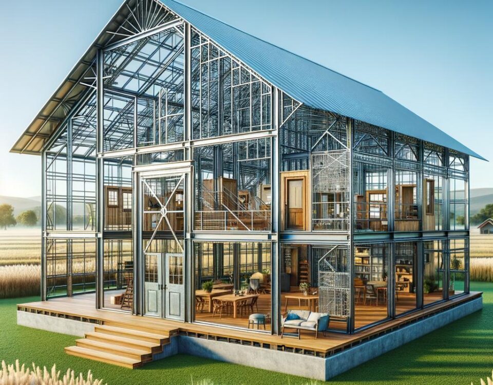 A modern prefabricated steel barndominium showcasing sleek design and spacious living areas.